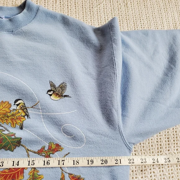 Vintage Jerzees Nublend Sweatshirt Blue Fall Leaves Birds Adult Size Medium - Picture 5 of 9